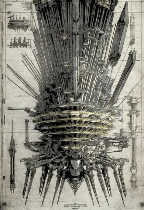 (highly detailed, intricate line work), engineering map, blueprint style, precise measurements and annotations, complex mechanic...