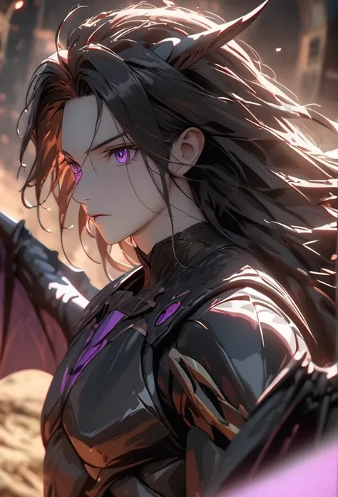 (solo), masculine, black hair, messy hair, mane hair, long hair, dense hair, wild hair, expressive hair, mature,(25 year old), pale skin, purple eyes, ((man)), wearing black armor, serious, ((black dragon horns)), Expanding his dragon wings, handsome, attr...