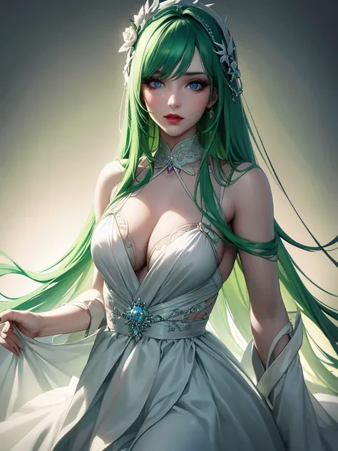 Beautiful woman with long green hair, blue eyes, slightly red lips, white skin, wearing a white dress Semi-Realistic