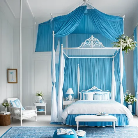 arafed bed with a canopy and a blue chair and ottoman, sky blue and white color scheme, white and pale blue toned, light blue and white tones, white and pale blue, serene and peaceful style, dreamy ethereal vibe, dreamy and detailed, blue and white tones, ...