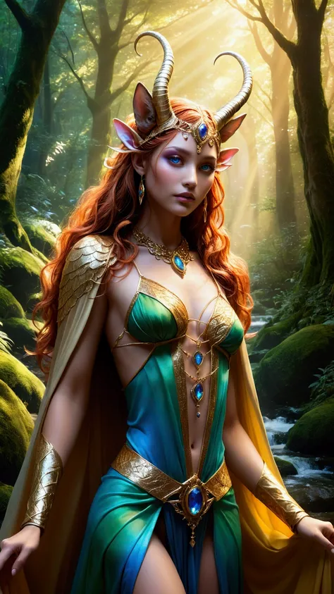 A beautiful, enchantingly elusive humanoid faunus woman, every aspect exudes magic in the midst of danger: shimmering rainbow fur, ethereal golden horn, and eyes that seem to hold the secrets of the universe. The mystical creature is surrounded by a lush, ...