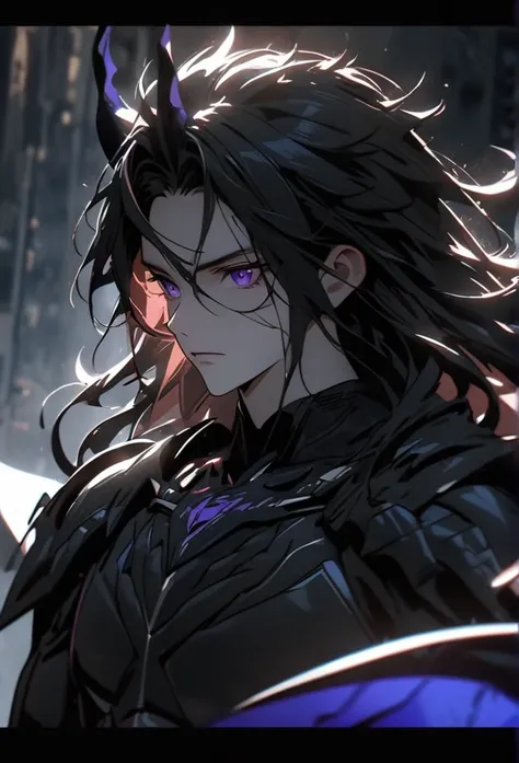 (solo), masculine, black hair, messy hair, mane hair, long hair, dense hair, wild hair, expressive hair, mature,(25 year old), pale skin, purple eyes, ((man)), wearing black armor, serious, ((black dragon horns)), Expanding his dragon wings, handsome, attr...