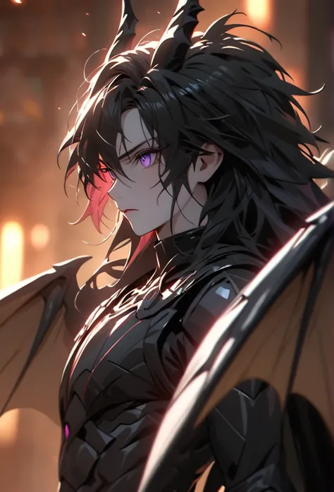 (solo), masculine, black hair, messy hair, mane hair, long hair, dense hair, wild hair, expressive hair, mature,(25 year old), pale skin, purple eyes, ((man)), wearing black armor, serious, ((black dragon horns)), Expanding his dragon wings, handsome, attr...