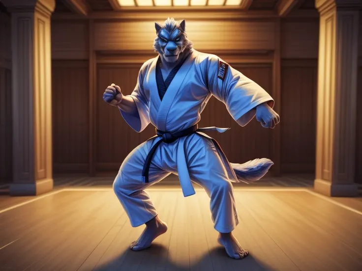 (((Barefoot furry character, full body, cinematic setting, furry male, plantigrade))) 

(((Beast from X-Man))), muscular, beefy, brawny, (((wears white kimono and long white pants))), (((performs karate kick))), blue fur on entire body

BREAK, detailed bac...