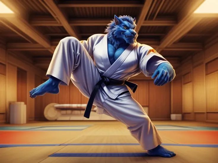 (((Barefoot furry character, full body, cinematic setting, furry male, plantigrade))) 

(((Beast from X-Man))), muscular, beefy, brawny, (((wears white kimono and long white pants))), (((performs karate kick))), blue fur on entire body

BREAK, detailed bac...