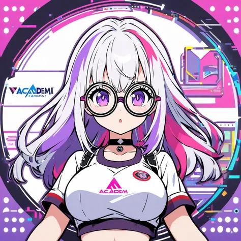 girl, large breast, ((croptop)), short white taut short, academy, purple and white hair, multicolored hair, purple eyes, choker, circle-glasses, tecnology, logo style