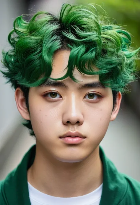 A japanese teen male model, 
Chubby cheeks, a flat nose, coarse curly verdant green hair, full eye-lashes, puffy eyelids, monolid, verdant green eyes