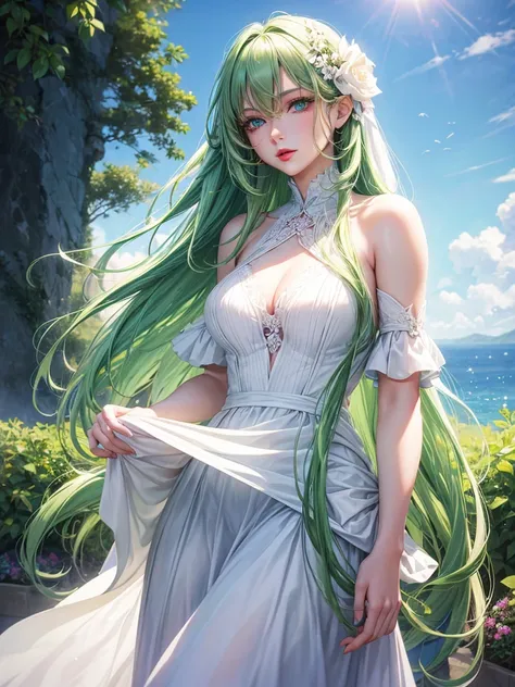 Beautiful woman with long green hair, blue eyes, slightly red lips, white skin, wearing a white dress Semi-Realistic 2D