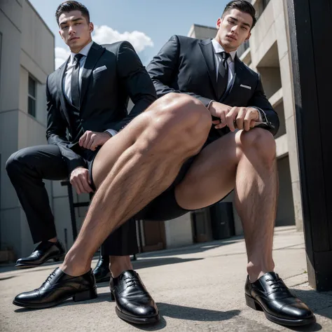 Man 1.83 meters. Elegant brand suit very elegant elegant black shoes. beefy. Hefty body. daylight. HD.