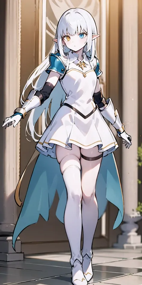 masterpiece, best quality, high quality, white SKIN elf, long hair, white hair, yellow eyes, full body, def_effie, blue breastplate, white skin, looking at viewer, shiny, armor, thigh highs, high boots, shoulder armor, faulds, poleyn, gloves, gauntlets