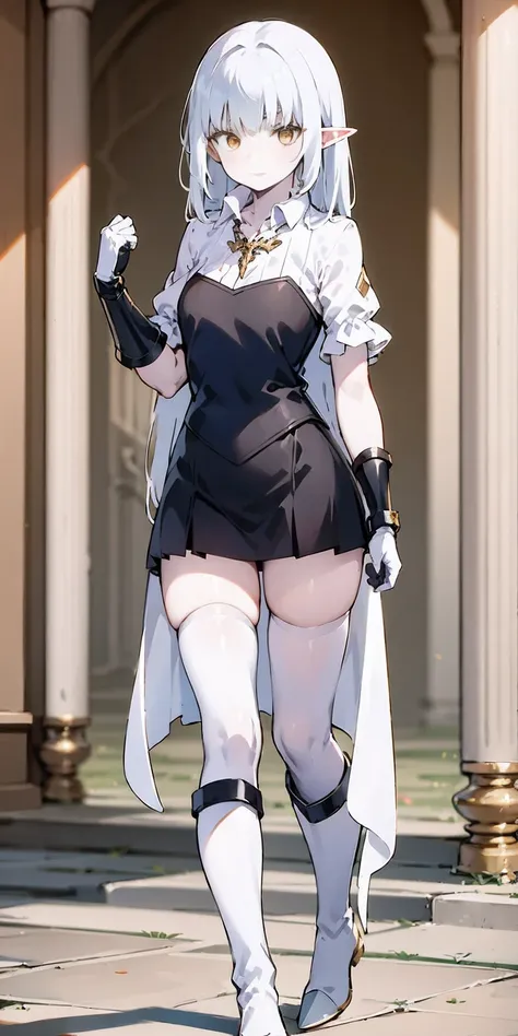 masterpiece, best quality, high quality, white SKIN elf, long hair, white hair, yellow eyes, full body, def_effie, blue breastplate, white skin, looking at viewer, shiny, armor, thigh highs, high boots, shoulder armor, faulds, poleyn, gloves, gauntlets