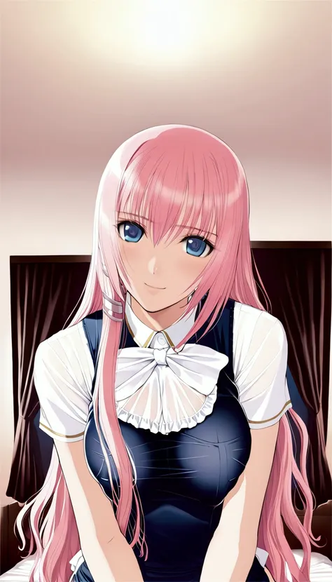 masterpiece ,megurine luka,e cup breasts,pink long hair,blue eyes,school swimsuit,see-through apron.smile,bedroom,