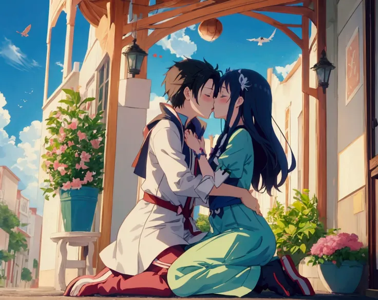 anime, kids, kids cute, couple kissing in the sky with birds flying overhead, kissing together cutely, romanticism lain, shoujo ...