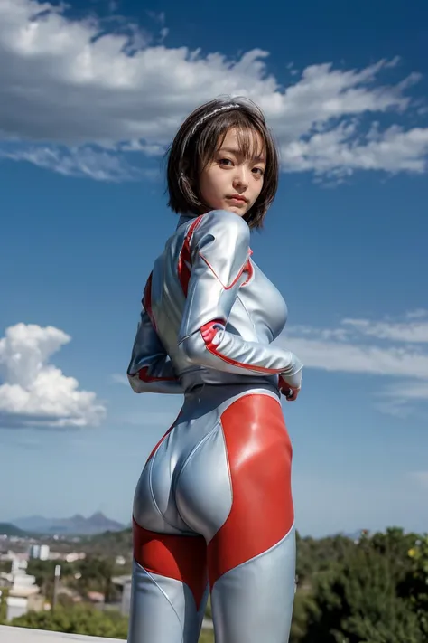  (((blue sky with cloud in background))), Ultraman、realistic、realistic、cinematic lighting, Girl in a shiny red and silver suit、18 years old、professional photo, Japanese model, Japanese cgi、Ultraman Suit、tight and thin cyber suit, Whole body rubbery delicat...