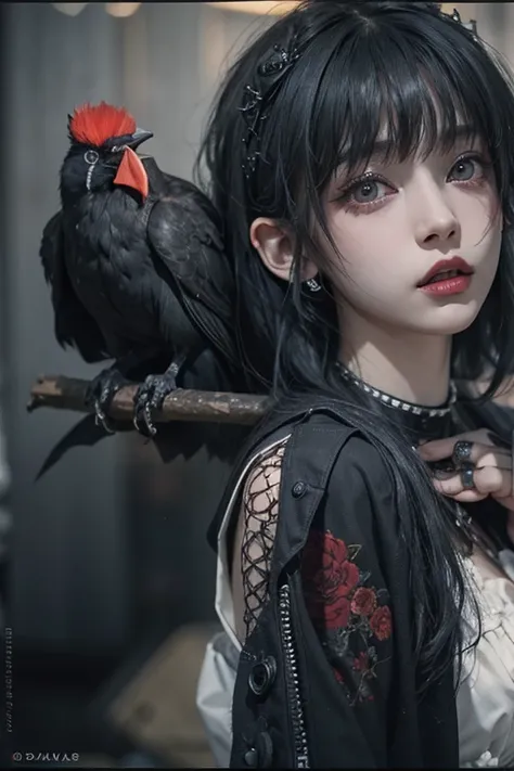 Highest quality、8k、masterpiece：1.3、Gothic Punk、Red on the inside、Gray Black Hair、hair ornaments、beautiful girl、creative、Dark Fantasy Style、Neogoth、Goth Fashion：1.2、High resolution、masterpiece、Highest quality、頭w:1.3、((Hasselblad Photos))、Fine skin、Sharp foc...