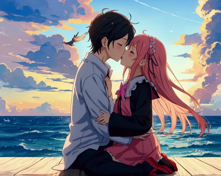 anime, kids, kids cute, couple kissing in the sky with birds flying overhead, kissing together cutely, romanticism lain, shoujo romance, sakimi chan, lovely kiss, kissing together, anime picture, in love, kissing, romantic!!!, anime, re:zero, echidna, suba...