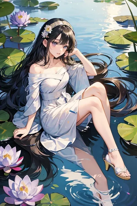 Keiko Koinobori has long gorgeous rooted hair styled with loose curls, straight bangs and a center part.

She wears a fitted charmeuse dress with off the shoulder wrap, water lily headband and chunky heels with a floating fish. SPARKLE; GLITTER