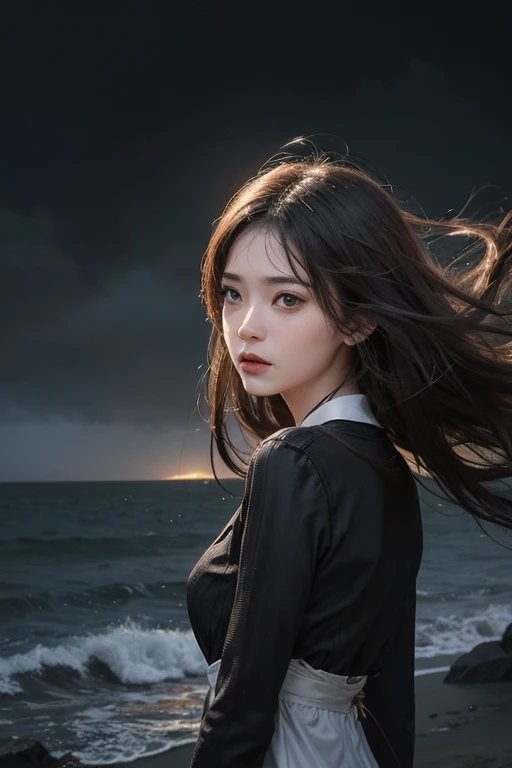 Imagine a girl standing on a vast plain.,There was no emotion on her face,under the dark sky, Peering into the storm-ravaged horizon. A strong wind blew her hair wildly..,Adding movement to dark scenes. The distant storm seems to reflect the turmoil in her...