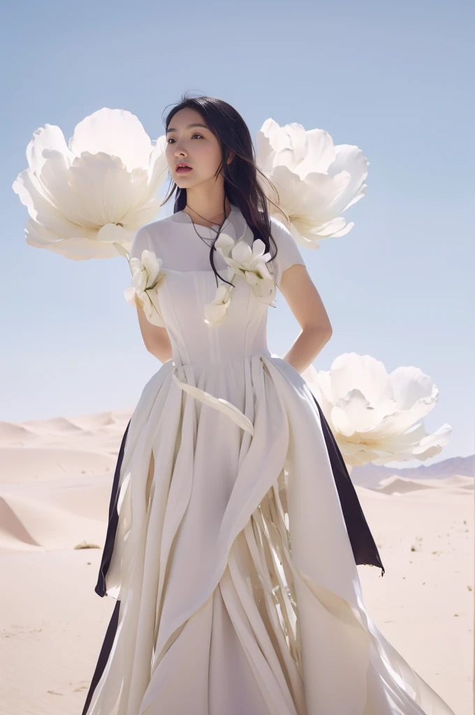 1 girl, dress, single person, white dress, black hair, flowers, arms on both sides, looking at the audience, blue sky, standing, short sleeves, sky, day, outdoors, long hair floating up