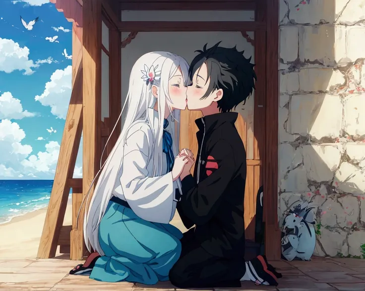 anime, kids, kids cute, couple kissing in the sky with birds flying overhead, kissing together cutely, romanticism lain, shoujo romance, sakimi chan, lovely kiss, kissing together, anime picture, in love, kissing, romantic!!!, anime, re:zero, echidna, suba...