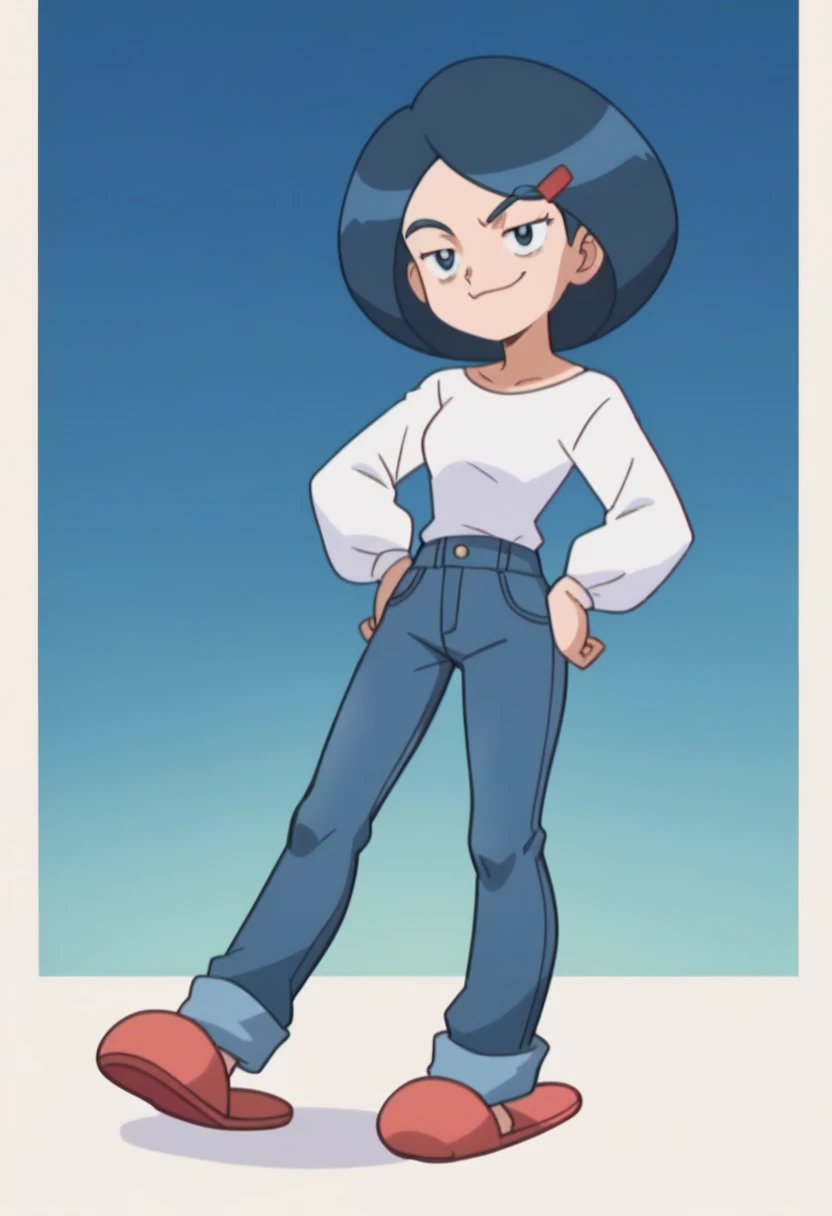 anime screencap in mnst artstyle, Johanna (Pokemon), 1girl, jeans, hands on hips, smug face, full body view, blue hair, white wool sweatshirt, Pink slippers, dynamic pose,