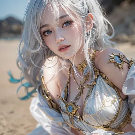 (masterpiece:1.3), (8k, Realistic, RAW Photos, Best image quality: 1.4), Fair-skinned fairy woman、Long Hair、Cleavage:2.0、Highly detailed face、Attention to detail、double eyelid、Chest to chest、Sharp focus:1.2、Beautiful woman:1.4、Silvery white hair、Highest qu...