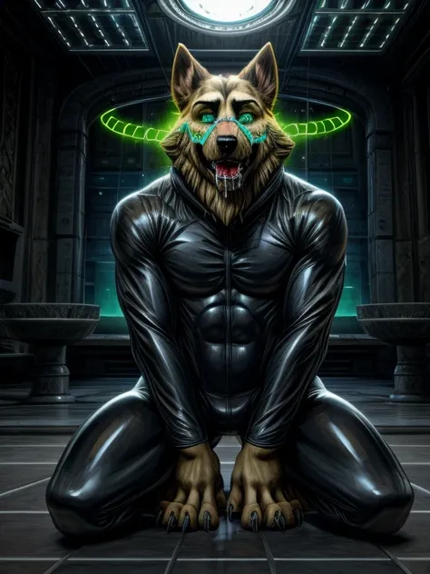 barefoot smirnov wears black ninja suit, tebowing, kneeling on one leg, detailed nice big dog feet paws with claws, in a trance,...