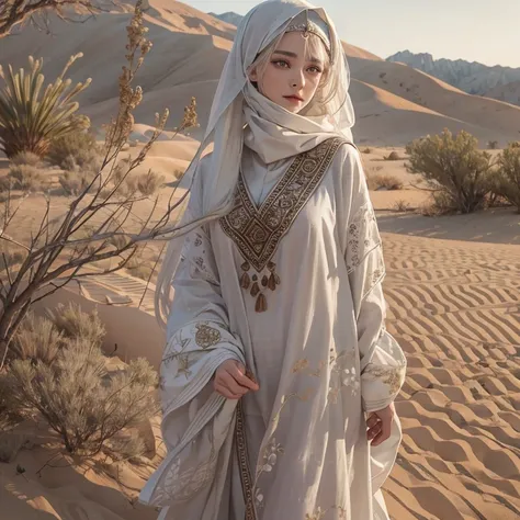 (Highest quality、masterpiece、8k、Best image quality、Ultra-high resolution、Award-winning works)、A beautiful white-haired woman watches over us from afar in the desert.........., Where the moonlight shines.、Ancient Islamic clothing、Beautiful face drawn in eve...