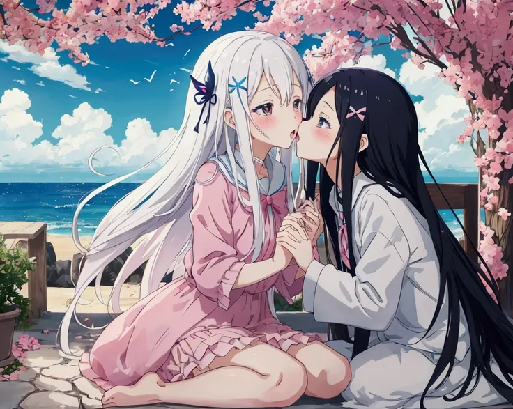 
anime, kids, kids cute, couple kissing in the sky with birds flying overhead, kissing together cutely, romanticism lain, shoujo romance, sakimi chan, lovely kiss, kissing together, anime picture, in love, kissing, romantic!!!, anime, re:zero, echidna, sub...