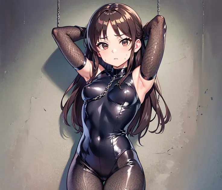 Primary school students、、Long Hair、Small breasts、Small breasts、Body Type、Nipples、anger、Glare、Raise your eyebrows、Looking forward, sweat running down my cheeks、((spy、Bodysuits、Fishnet tights))、Research Room、(((Restraining the body with chains、Place your arm...