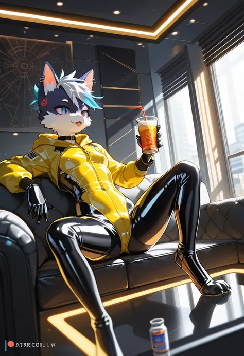 Highest quality, Highest quality, High quality illustrations, masterpiece, Ultra-high resolution, Detailed Background, room, Absurd, Perfect Anatomy, performance, Good lighting, Shadows in the movies(kemono, Furry PersonifiCation), Cat, Rubber Suit, latex,...