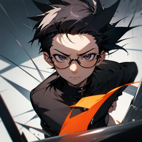 anime type drawing, boy with black spiky hair. black skin color with black eyes and a skin tone cross on his forehead. He is wearing glasses with a black, almost transparent lens., with the rocker type black clothes