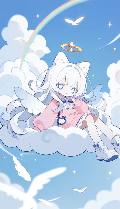 1girl,solo,core_9,score_8_up,score_7_up,Expressiveh,rating_safe,(masterpiece, best quality),long fluffy white hair,baby blue long skirt,l=pastel pink cardigan with buttons and bow,white eyes,white eyelashes,mini angel wings,blue skiy,clouds,sitting on clou...