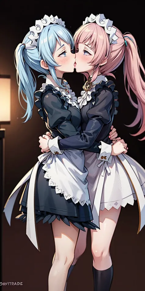 (Felicia + Flora Maid outfit) 2girls together, standing next to each other, holding hands and hugging each other, french kiss, kiss, add details, very detailed, wearing metal collar, bracers, shackles