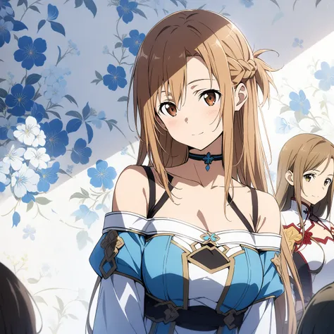 masterpiece,best quality,1 girl, Asuna (Star), Sword Art Online,very beautiful,Chinese,Guild costumes,Oriental Wallpaper,flower,Blue tint,Natural light,Soft Light，White background，shadow,Brown hair,The person is in the middle of the picture，Half Body，Off-s...