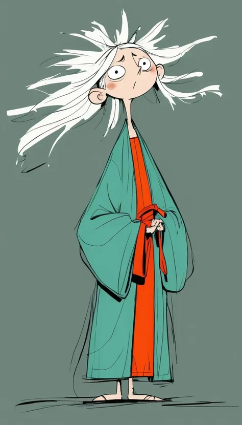 (((Exaggerated digital character sketches:1.37))).(White-haired Taoist，robe，Cloth bags)，(Black sketch lines，Loose brushstrokes create the outline，Cartoon Style. Bright colors and simplified lines, sketch)。(Exaggerated body movements，Long legs),(fear）