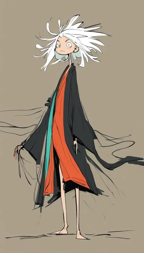 (((Exaggerated digital character sketches:1.37))).(White-haired Taoist，robe，Cloth bags)，(Black sketch lines，Loose brushstrokes create the outline，Cartoon Style. Bright colors and simplified lines, sketch)。(Exaggerated body movements，Long legs),(fear）