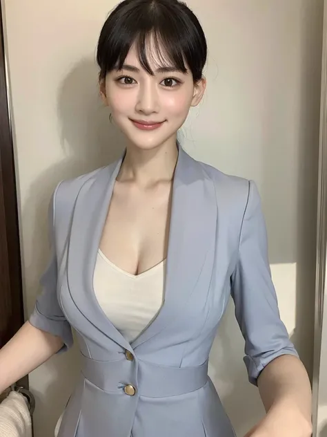 Highest quality、masterpiece、8k、Very detailed、Realistic、Looking at me with a smile、whole body、Black Hair、Short Hair、Small face、Slender、Big Breasts、Thin and beautiful legs、narrow and constricted waist,、(Reception uniform:1.2)