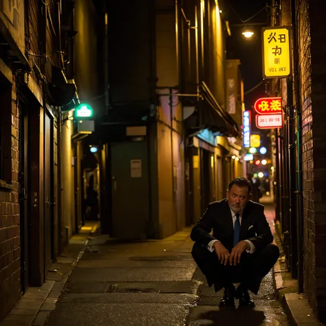 ((Highest quality)), ((masterpiece)), (detailed), One Man, Tired in my early 40s, Black business suit, Dirty suit, night, bustling street, Alley, narrow street, Darkness,Leaning against the wall, ground, Sitting, (Term drooping:1.5), Drunk, Science fiction...