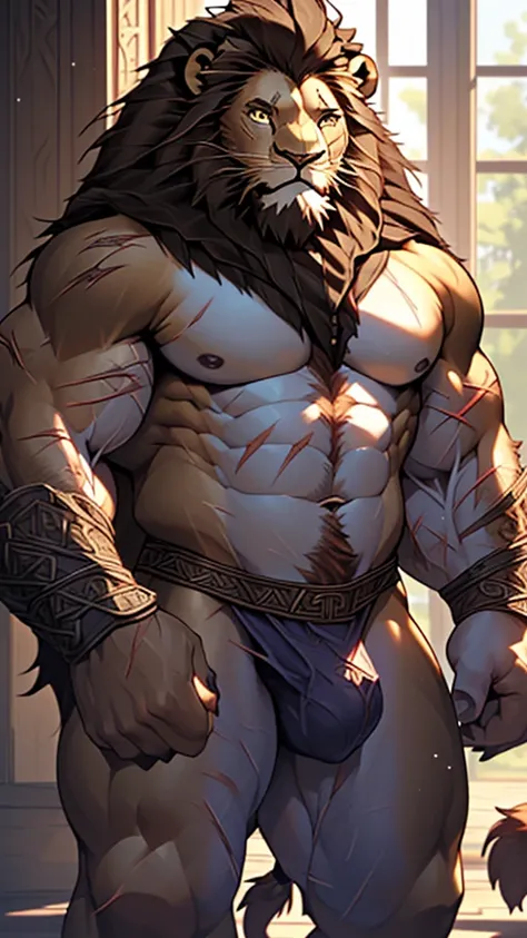 (masterpiece),(highres),(intricate details:1.4),extremely detailed,(illustration:1.2),8k,photorealistic,exquisite,(daddy:1.5),aged,(elder male lion:1.7),muscular,(Viking warrior:1.5),(brave and powerful:1.5),manhood,warrior,long hair,long beard,(numerous s...