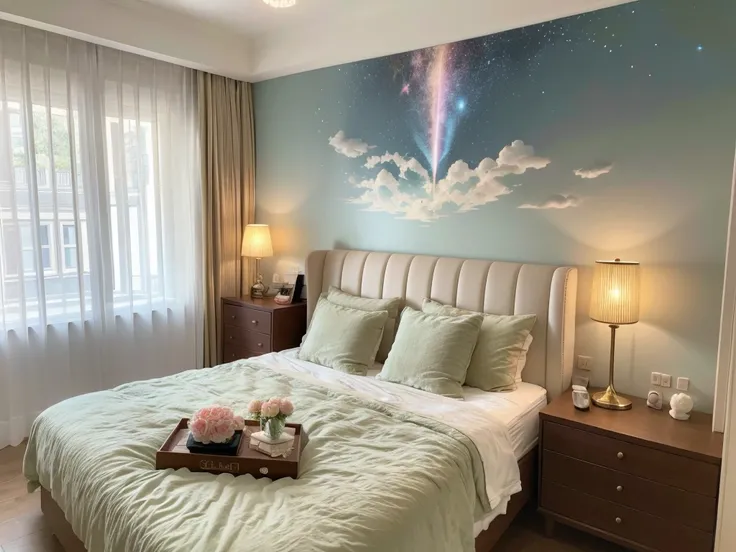 ultra high res. (photorealistic:1.4)，，masterpiece, best quality，8k, ultra highres，Soft velvet headboard，A dreamy purple glow，Next to the inlay of gold wire carving，Several crystal lamps are arranged，Scattered with bits of light like stars。The wall is an oi...