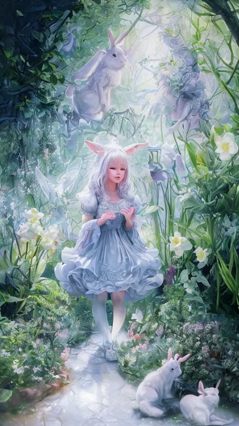 Beautiful white rabbit garden, Wonderland , cozy cottage, beautiful white rabbit, intricate floral details, fantasy, dreamlike, pastel colors, soft lighting, ethereal, (best quality,4k,8k,highres,masterpiece:1.2),ultra-detailed,(realistic,photorealistic,ph...