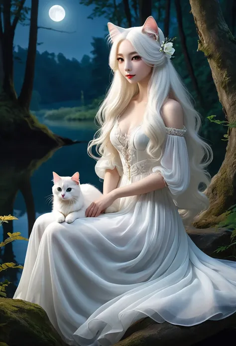 Realistic portrait of a dressed animal - beautiful anthropomorphic long-haired white cat, Humanoid cats、White long hair、青いMelancholyな瞳、Long white hair fluttering down her back、Sitting by the lake at night in a mysterious forest wearing a white chiffon long...