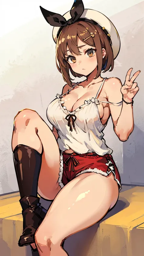 (Highest quality, 8k, masterpiece :1.3),Lizaリン・シュタウト(Lizaのアトリエ),Liza, One woman,Large Breasts,short hair,Brown Hair,hair band,Clothing,hat,White shirt,White camisole,Red shorts,Brown long boots,nsfw,Plump body,Thighs,Full Nelson Pose,Armlock,Piledriver