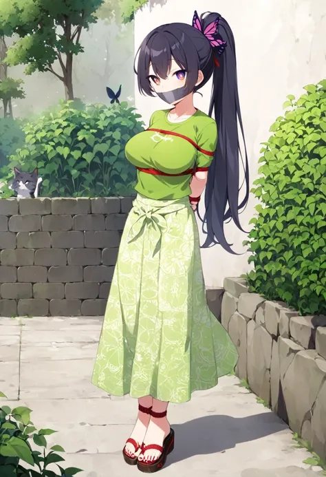 score_9, score_8_up, source_anime, 1girl, solo,The photo shows a young person standing outdoors,  They are smiling and wearing a green t-shirt with a design featuring a cat and text, paired with a patterned purple sarong or long skirt and sandals. The back...