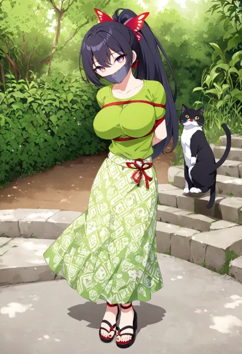 score_9, score_8_up, source_anime, 1girl, solo,The photo shows a young person standing outdoors,  They are smiling and wearing a green t-shirt with a design featuring a cat and text, paired with a patterned purple sarong or long skirt and sandals. The back...