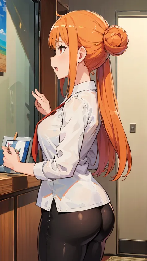 (Highest quality, 8k, masterpiece :1.3),Mrs. Yuigahama,ガハMom, As I expected, my youth romantic comedy is wrong。, One woman,Bun Hair,30 years old,Mom,Orange Hair,nsfw,orgasm,Sexy pose,back,Big Ass,leggings,透けるTbackパンツ