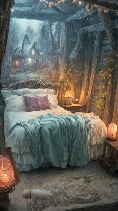 A cozy cottage, dreamlike bedroom with roots and candle shapes as carrots, fantasy, pastel colors, soft lighting, ethereal, (best quality,4k,8k,highres,masterpiece:1.2),ultra-detailed,(realistic,photorealistic,photo-realistic:1.37),HDR,studio lighting,vivi...