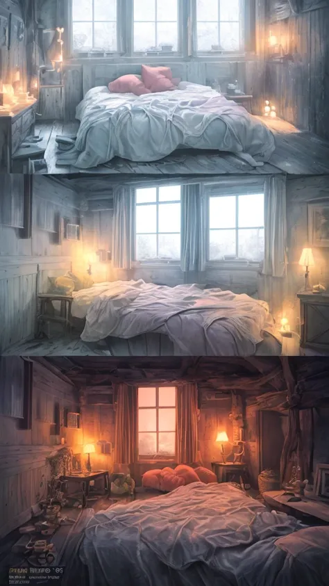 A cozy cottage, dreamlike bedroom with roots and candle shapes as carrots, fantasy, pastel colors, soft lighting, ethereal, (best quality,4k,8k,highres,masterpiece:1.2),ultra-detailed,(realistic,photorealistic,photo-realistic:1.37),HDR,studio lighting,vivi...