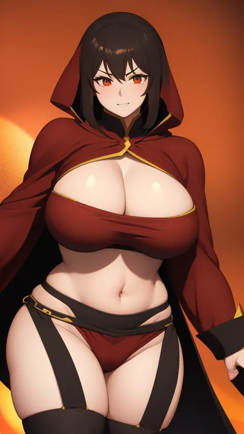 a woman with a big breast and a cape, Thick, she is bullshit, monk with fist, powerful and plump sorceress, female magician!, breasts big!, red hood wizard, breasts big!!, mother of wizards, revealing clothing, huge shoulder pads, half summoner half megumi...